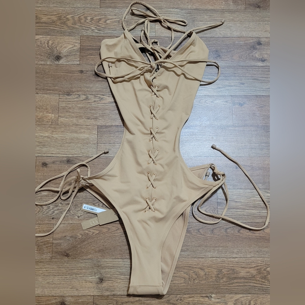 Skims swim lace up monokini one piece swimsuit Ochre size 2X~NWT